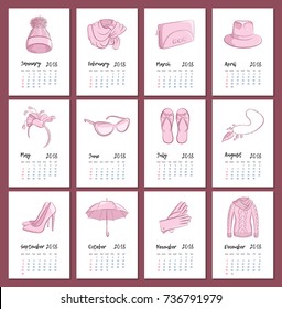Realistic fashion clothing and accessories vertical calendar 2018. Pink or magenta color. Each month on a separate page. Vector sketch illustration in hand drawing style