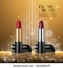 Realistic fashion cosmetic lipstick advertisement on shining background. Vector 3d illustration for design placard, presentation, banners and cover.