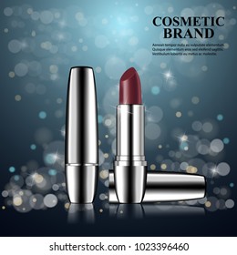 Realistic fashion cosmetic metallic lipstick advertising poster on blue shining background. Vector 3d illustration for design placard, presentation, banners and cover.