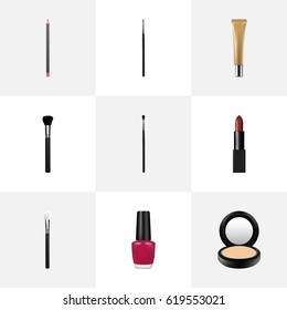Realistic Fashion Equipment, Collagen Tube, Mouth Pen And Other Vector Elements. Set Of Maquillage Realistic Symbols Also Includes Makeup, Brush, Pencil Objects.