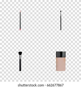 Realistic Fashion Equipment, Mouth Pen, Concealer And Other Vector Elements. Set Of Greasepaint Realistic Symbols Also Includes Skincare, Brush, Highlight Objects.