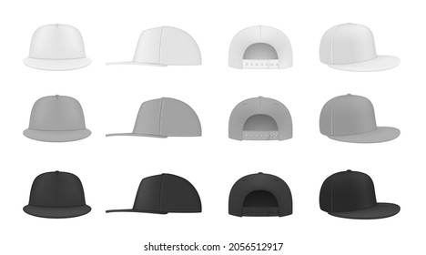 Realistic fashion rap cap set vector illustration. Collection stylish hip hop headdress front, back and side view isolated. Stylish black, gray and white headwear with visor. Headgear design template