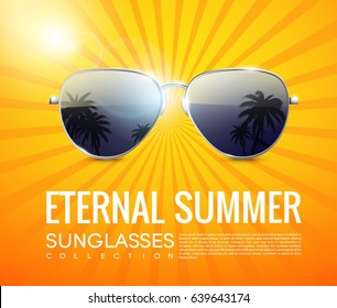 Realistic Fashionable Aviator Sunglasses Poster With Tropical Beach Reflection In Glasses On Shiny Radial Background Vector Illustration