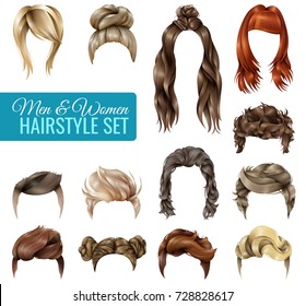 Realistic fashionable hairstyles for men and women set isolated on white background vector illustration