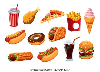 Realistic fast food cartoon illustration set. Delicious hamburger, slice of pizza, taco, soda, ice cream cone, fried potatoes, yummy donut and chicken leg. Junk food, unhealthy diet concept