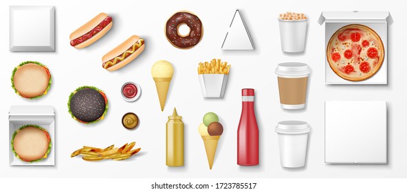 Realistic fast food mockup set, top view for restaurant snack menu. Donut, ice cream, hamburger, pizza, hot dog, fry potato, popcorn, ketchup template Isolated. Vector illustration