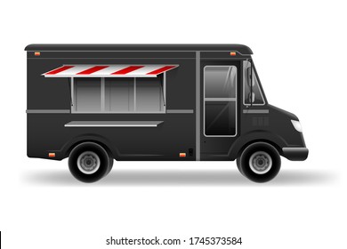 Realistic Fast-food Van template for Mockup Branding and corporate identity design on transport. Mobile kitchen van. Corporate identity element.