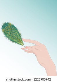 Realistic feather of an exotic bird in female hand - light background - vector