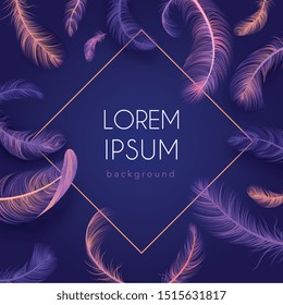 Realistic feather frame with gradient colors and frame in a diamond form vector illustration
