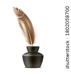 Realistic feather quill pen in ink bottle. Vector 3d goose nib in inkwell. Elegant old-fashionedplume pen in inkpot, symbol of poetry and vintage lettering.