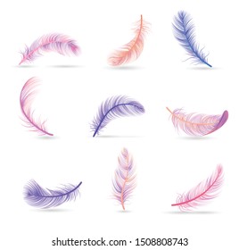 Realistic feather white background composition with soft violet and pink isolated feathers vector illustration