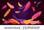 Realistic feathers composition with images of falling neon colored bird feathers of different shape and size vector illustration