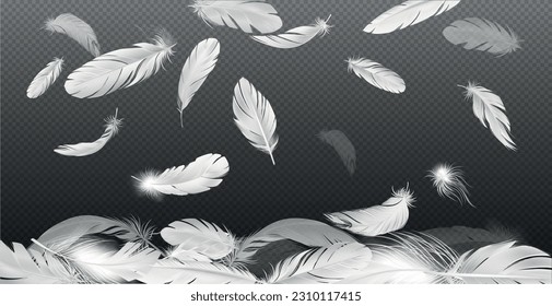 Realistic feathers falling composition with transparent background and falling white feathers with different transparency and shape vector illustration