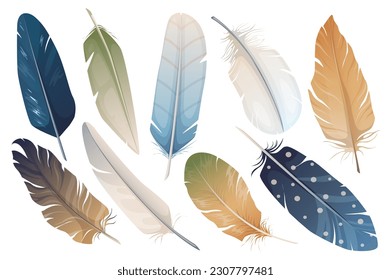 Las plumas realistas incorporan elementos gráficos mega-set en diseño plano. Conjunto de diferentes tipos y colores plumas de pájaro para plantillas de decoración en boho y otros. Ilustración vectorial de objetos aislados