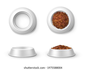 Realistic Feed Bowl, Pet Food Plates 3d Vector Mockup Front And Top View. Blank Full And Empty Crockery For Cats And Dogs, Zoo Shop Dishes, Items For Domestic Animal Snack Isolated On White Background