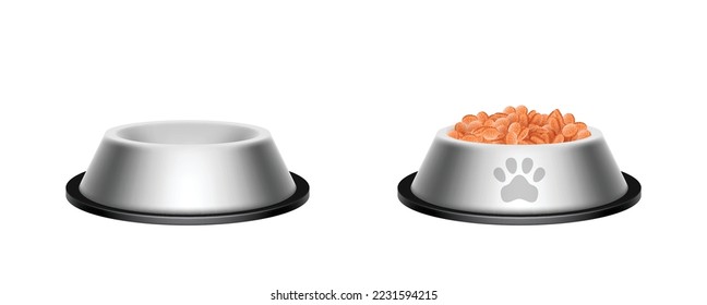 Un tazón de alimentación realista, platos de comida para mascotas 3d simulación frente a la vista. Vajilla en blanco llena y vacía para gatos y perros, platos de zoo-tienda, artículos para bocadillos domésticos aislados. Ilustración del vector