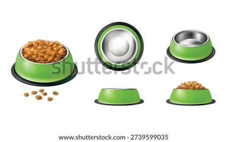 Realistic feed bowls. Empty full pet bowl top view mockup, puppy kitten feeding dishes for dry food or water pet shop products domestic animals, isolated exact vector illustration