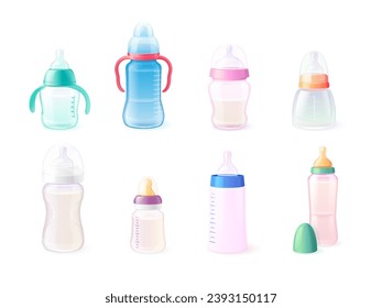 Realistic feeding bottles. Baby feed bottle with pacifier, newborns products for toddler joy milk nutrition, cup liquid measure babies care food container exact vector illustration of newborn bottle