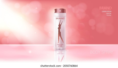 Realistic Female Deodorant. Spray. White Bottle. 3D. Pink Background. Female Silhouette. Women Logo. Realism. 