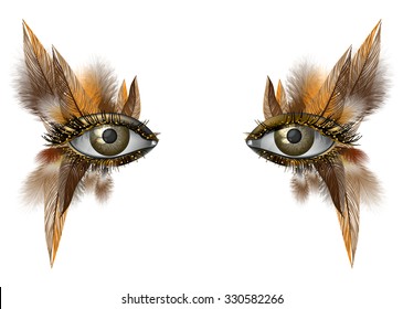 Realistic female eye close up artistic makeup -?? wild bird feather