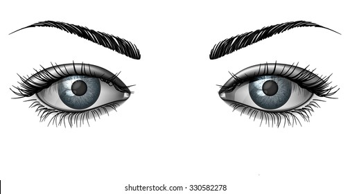 Realistic female eye close up, wide open glance with eyebrows