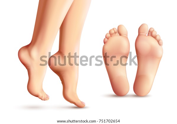 白い背景にリアルな女性の足と足の指の上に立った足と靴底のセット のベクター画像素材 ロイヤリティフリー