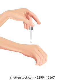 Realistic female hand dripping pipette back of hand on white background, Vector illustration. EPS 10.