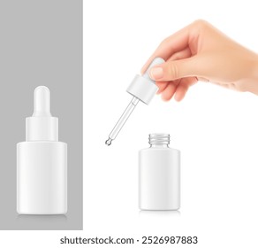 Realistic female hand holding dropper pipette, dropper bottle mockup. Vector illustration isolated on white and grey background. Perfect for promote your product. EPS10.	