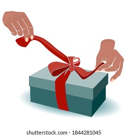 Realistic Female Hands Untying Red Ribbon on Present Box. Vector Illustration