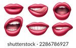 Realistic female lips. Gloss mouths with bright lipstick, 3d isolated body part, different expressions, tongue and white teeth, sticking out tongue, woman beauty red cosmetic utter vector set