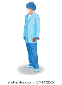 Realistic female medic wearing protective anti viral gear. Dressed in gown, mask, gloves and holding Infrared No-Touch Forehead Thermometer. 