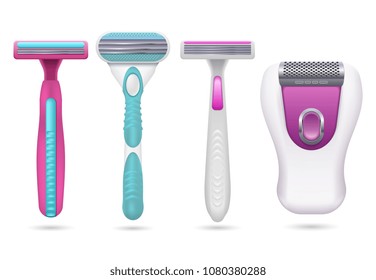 Realistic female shaving razor. Woman hygiene shavers vector set isolated. Razor sharp, equipment for removal hair, epilation cutter illustration