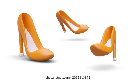 Zapatos femeninos realistas en diferentes posiciones. Elemento de ropa amarillo. Diferentes ángulos de vista. Hermosa plantilla de zapatos tacones. Moda de vestimenta básica vectorial en estilo de caricatura