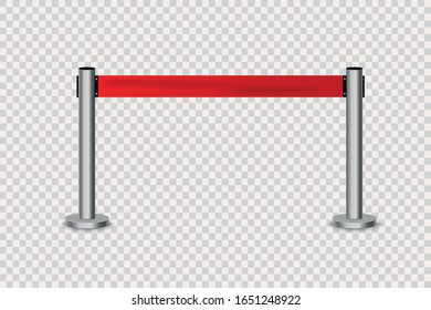 Realistic fencing for exclusive entrance or security zone. Silver barrier with red ribbon for VIP Presentation. Red rope for exhibition halls and car dealerships.