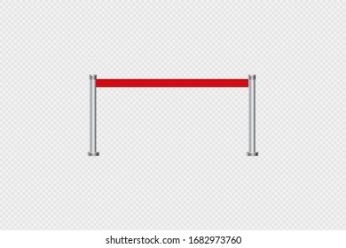 Realistic fencing for exclusive entrance or security zone. Silver barrier with red ribbon for VIP Presentation. Red rope for exhibition halls and car dealerships.