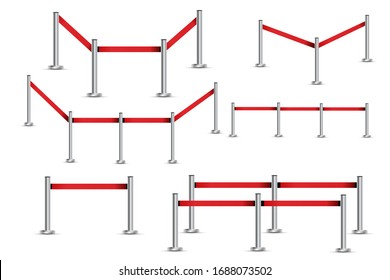 Realistic fencing for exclusive entrance or security zone. Silver barrier with red ribbon for VIP Presentation. Red rope for exhibition halls and car dealerships.