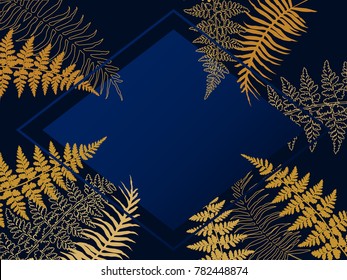 Realistic fern frame vector illustration. Polypodiophyta plant bush leaves and twigs background decor.  Detailed bracken fern vector, tropical forest grass herbs growing card border.