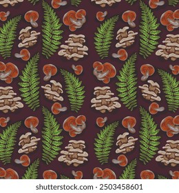 realistic fern and mushrooms forest pattern