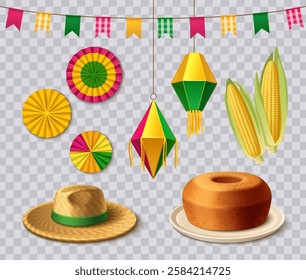 Realistic festa junina element set on transparent background