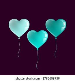 Realistic festive balloons in the shape of a heart light turquoise, turquoise and dark turquoise. Isolated objects.