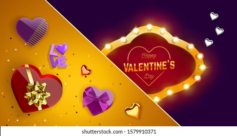 Realistic festive design of retro frame with light bulbs, boxs heart shaped, sparkling golden confetti, air balloons. Vector illustration Happy Valentine's Day. Holiday banner template, greeting cards