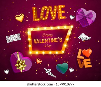 Realistic festive design of retro frame with light bulbs, boxs heart shaped, sparkling golden confetti, air balloons. Vector illustration Happy Valentine's Day. Holiday banner template, greeting cards