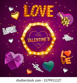 Realistic festive design of retro frame with light bulbs, boxs heart shaped, sparkling golden confetti, air balloons. Vector illustration Happy Valentine's Day. Holiday banner template, greeting cards