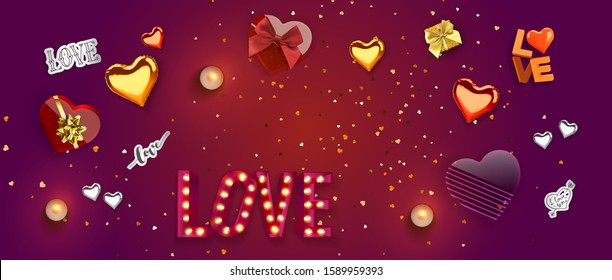Realistic festive design of retro frame with light bulbs, boxs heart shaped, sparkling golden confetti, air balloons. Vector illustration Happy Valentine's Day. Holiday banner template, greeting cards