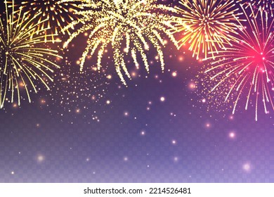 Realistic festive fireworks with transparency effect. Colorful explosion with bright sparks. Christmas or New Year greeting card design element. Diwali festival of lights. Vector illustration