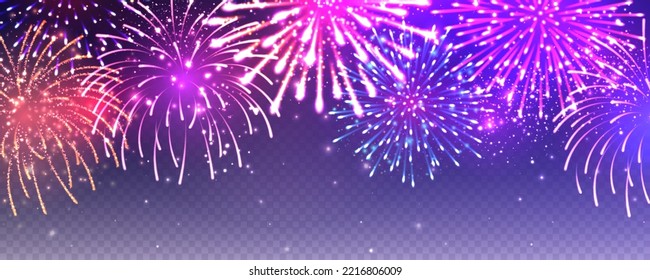 Realistic festive fireworks with transparency effect. Colorful explosion with bright sparks. Christmas or New Year greeting card design element. Diwali festival of lights. Vector illustration