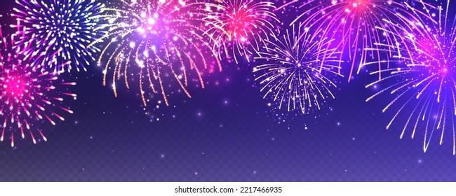Realistic festive fireworks with transparency effect. Colorful explosion with bright sparks. Christmas or New Year greeting card design element. Diwali festival of lights. Vector illustration