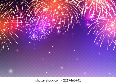 Realistic festive fireworks with transparency effect. Colorful explosion with bright sparks. Christmas or New Year greeting card design element. Diwali festival of lights. Vector illustration