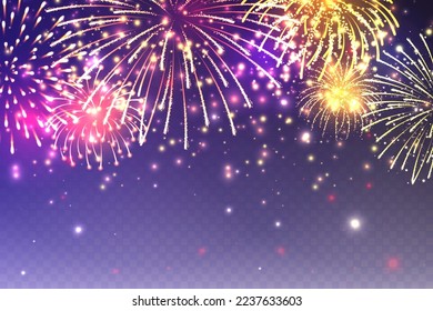 Realistic festive fireworks with transparency effect. Colorful explosion with bright sparks. Christmas or New Year greeting card design element. Diwali festival of lights. Vector illustration