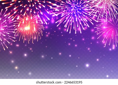 Realistic festive fireworks with transparency effect. Colorful explosion with bright sparks. Christmas or New Year greeting card design element. Diwali festival of lights. Vector illustration
